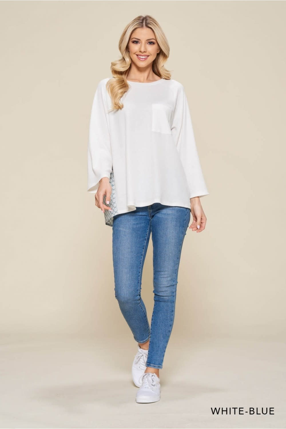 Print Contrast Knit Top With Pocket