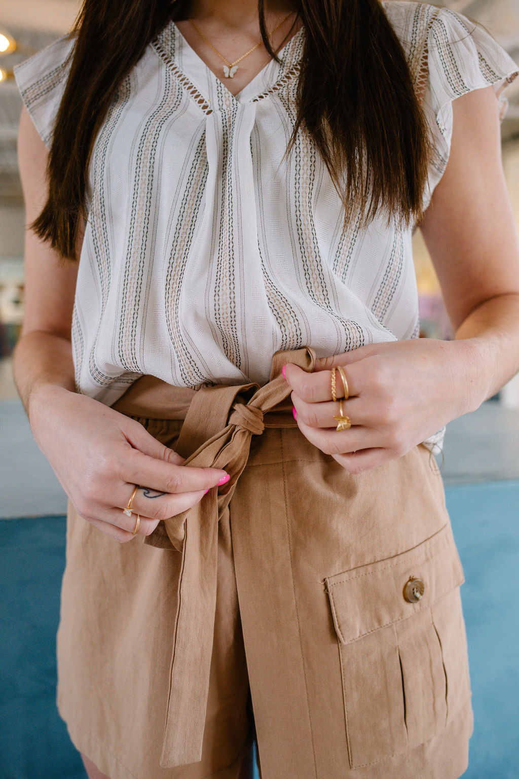 Khaki Shorts with Tie Front Belt