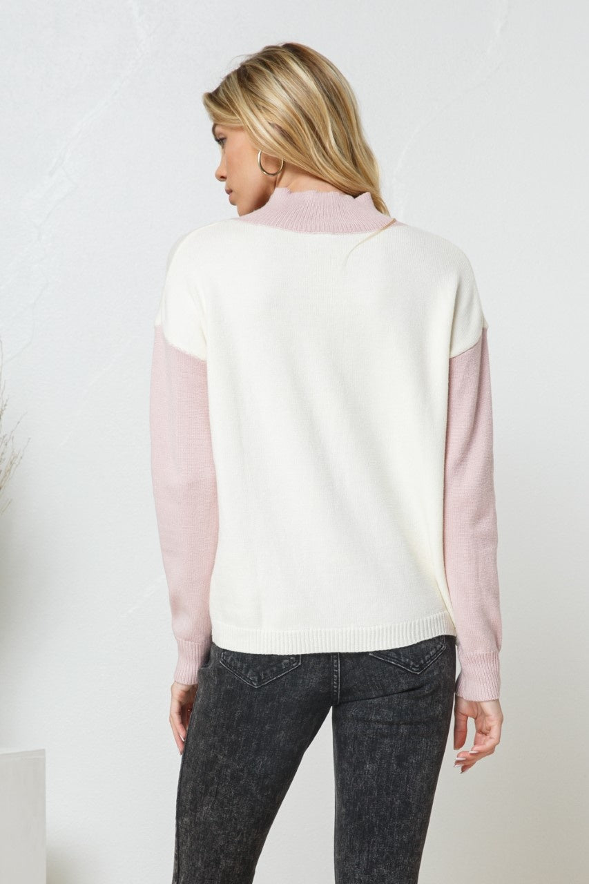 Two Tone High Neck Soft Pullover Knit Sweater