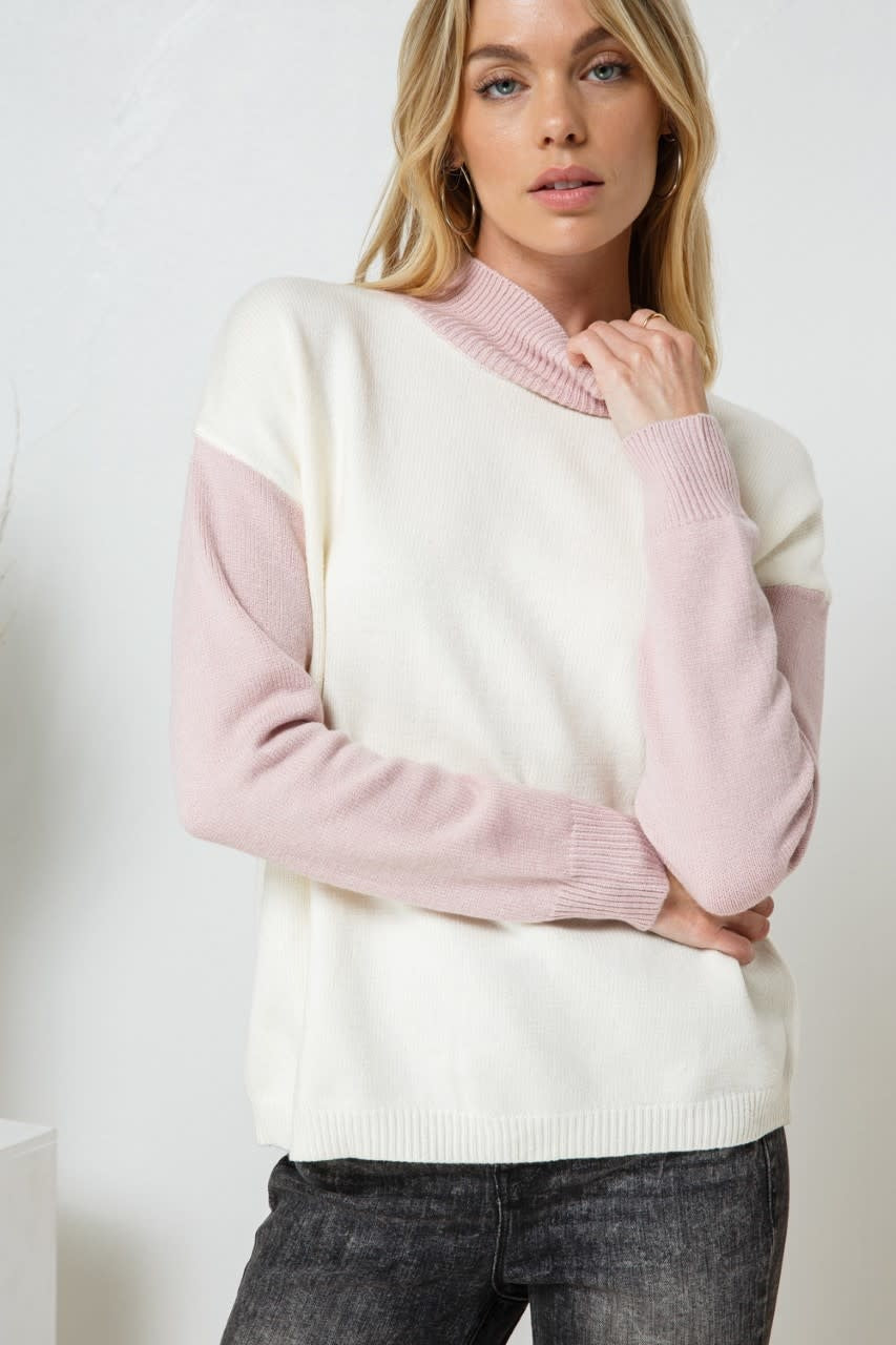 Two Tone High Neck Soft Pullover Knit Sweater