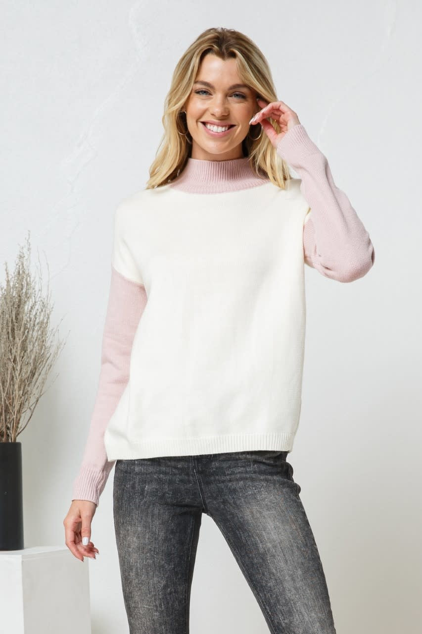 Two Tone High Neck Soft Pullover Knit Sweater