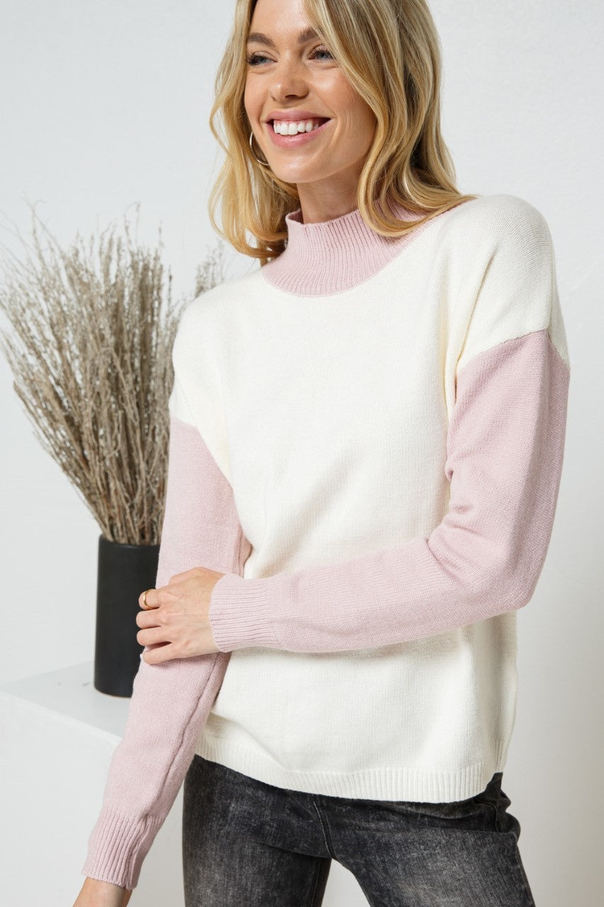 Two Tone High Neck Soft Pullover Knit Sweater