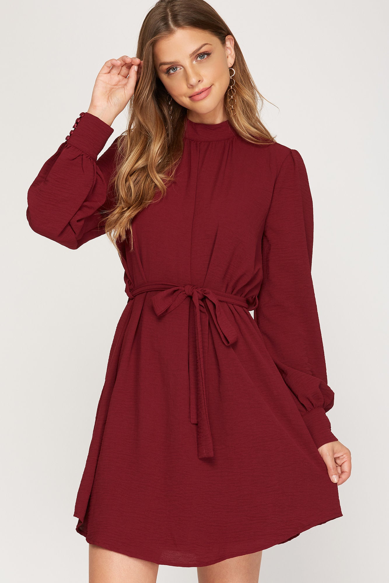 Long Sleeve Cuffed Dress w/ Tie